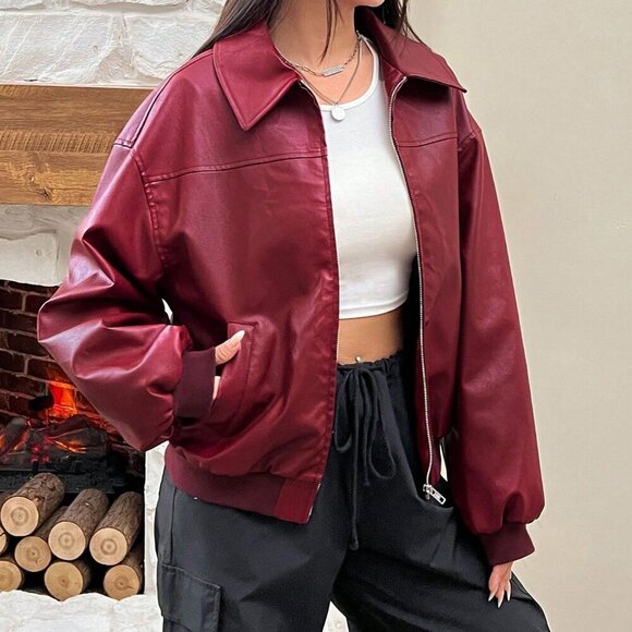 Burgundy Casual Women's Drop Shoulder Long Sleeve Zip Up Red Pu Leather Jacket - Picture 1 of 6